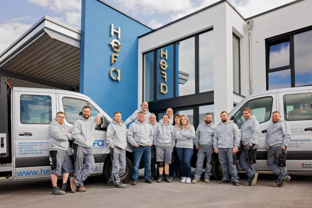 teamfotos Employerbranding für Hefa in Polch - Mitarbeitergewinnung - Team vor neuem Gebäude