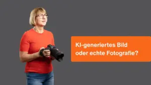 Karina Schuh, Markenfotografin aus Polch bei Koblenz, hält eine Canon-Kamera in den Händen. Neben ihr der Titel des Blogartikels: KI-generiertes Bild oder echte Fotografie?