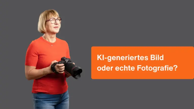 Karina Schuh, Markenfotografin aus Polch bei Koblenz, hält eine Canon-Kamera in den Händen. Neben ihr der Titel des Blogartikels: KI-generiertes Bild oder echte Fotografie?