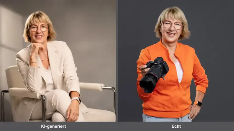 Karina Schuh Markenfotografin macht den KI-Test und generiert aus einem echten Foto (orangene Jacke) ein Foto von sich (cremefarbenes Outfit)