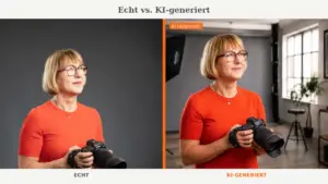 Vergleichsbild: links ein echtes Foto von Karina Schuh mit Kamera, rechts eine KI-generierte Version desselben Motivs, gekennzeichnet mit einem orangefarbenen 'KI-generiert'-Hinweis