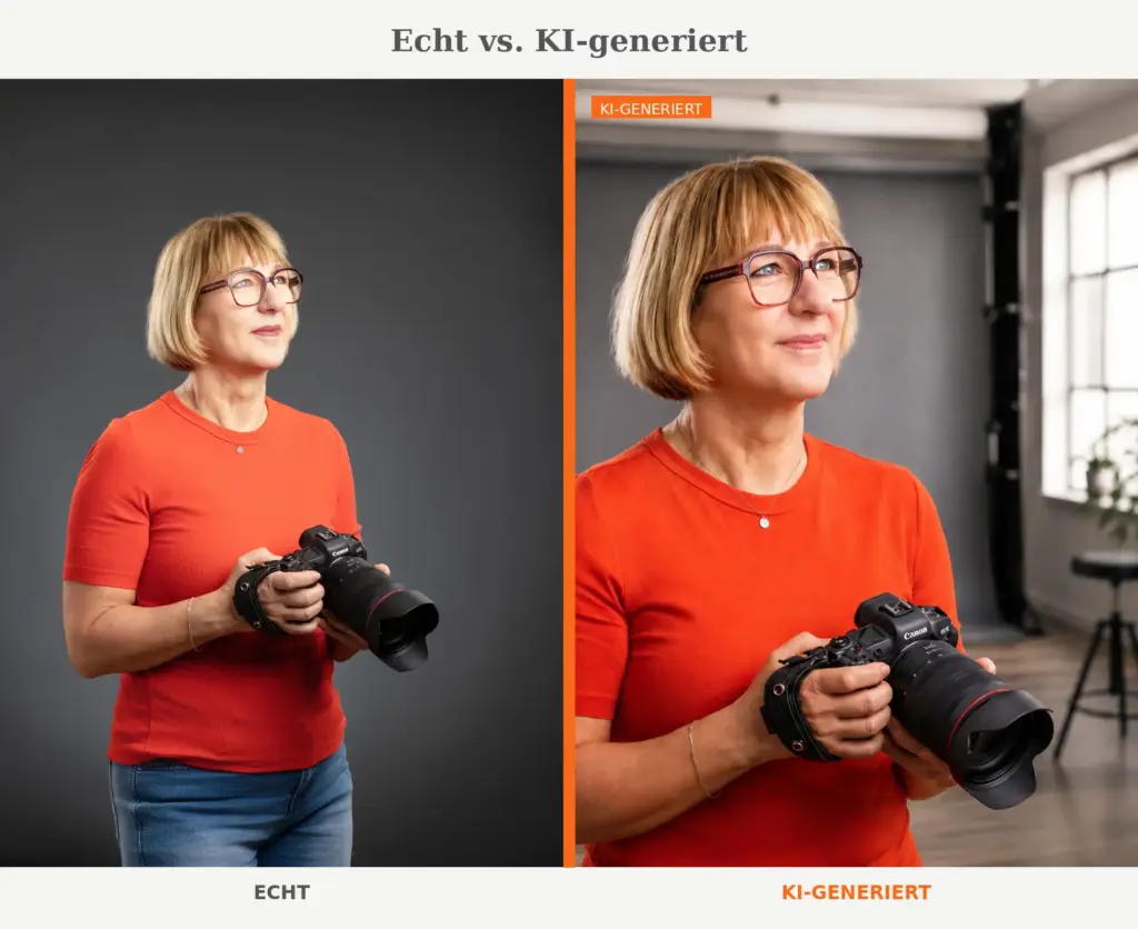 Vergleichsbild: links ein echtes Foto von Karina Schuh mit Kamera, rechts eine KI-generierte Version desselben Motivs, gekennzeichnet mit einem orangefarbenen 'KI-generiert'-Hinweis.