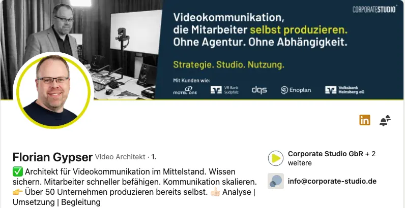 LinkedIn-Profil von Florian Gypser - Corporate Studio, mit professionellem Businessfoto von Karina Schuh